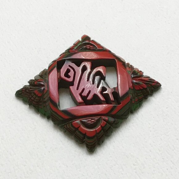 Vintage Iro Urushi Japanese Lacquer Green & Red Carved Kanji Love Pendant - Picture 5 of 7